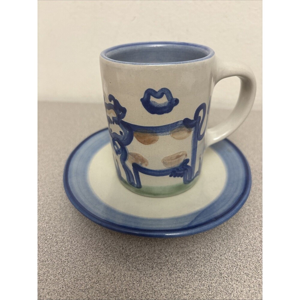 MA Hadley COW Mug With 6” Saucer, Stoneware Pottery, EUC